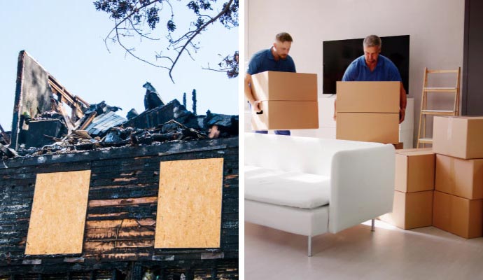 Collage of board-up house and content packout