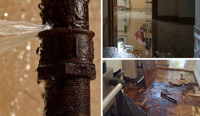 Collage of broken pipe, flood damaged room and water damage