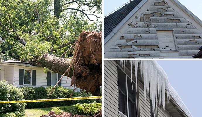 Collage of wind, hail and snow damaged house