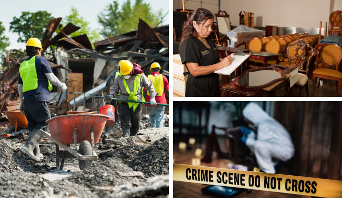 Collage of disaster restoration, content restoration and biohazard cleanup