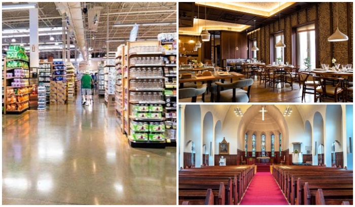 Collage of clean retail store restaurants and church