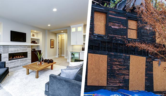 Collage of clean room and board up service