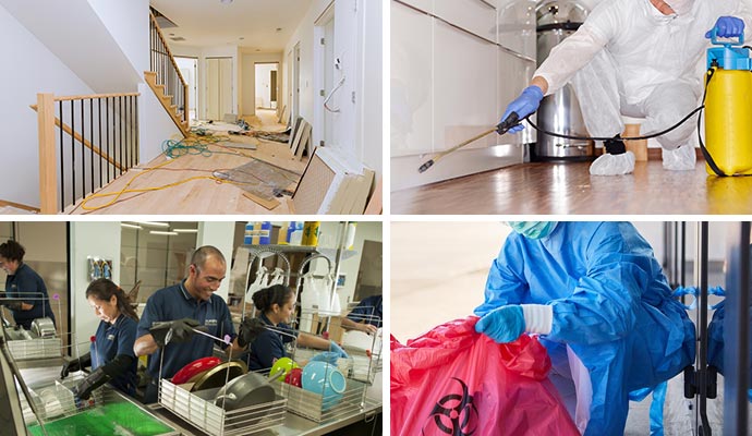 collage of reconstruction, disinfecting service , content cleaning and biohazard cleaning service