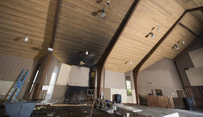 Fire damaged interior with burn marks