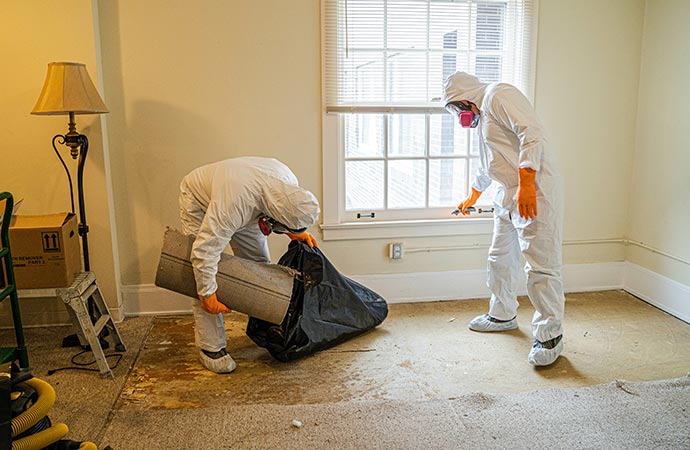 Two professionals in protective suits performing professional trauma cleanup in a residential room