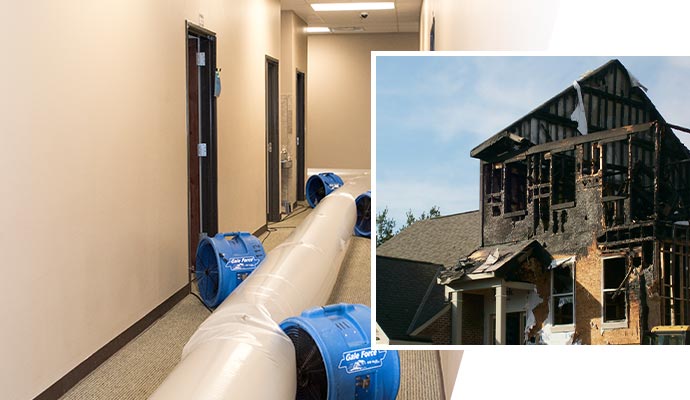 Collage of water damage restoration and fire damaged house 