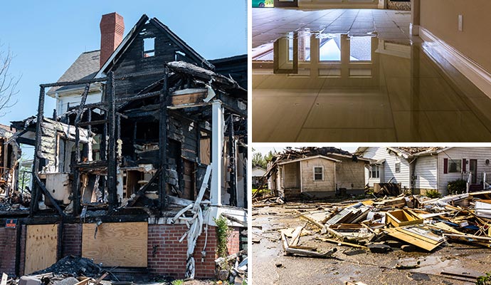 Collage of fire damaged house, water damaged and disaster damaged property