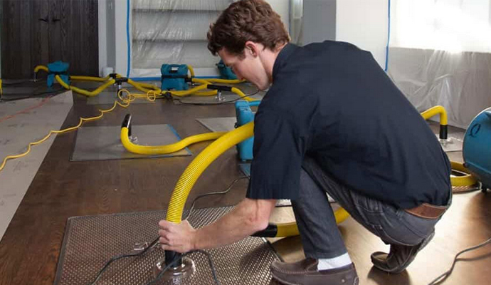Technician fixing water-damaged hardwood floor